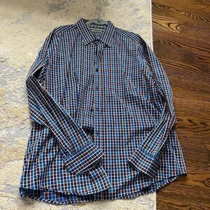 johnston & murphy blue printed long sleeve button down dress shirt